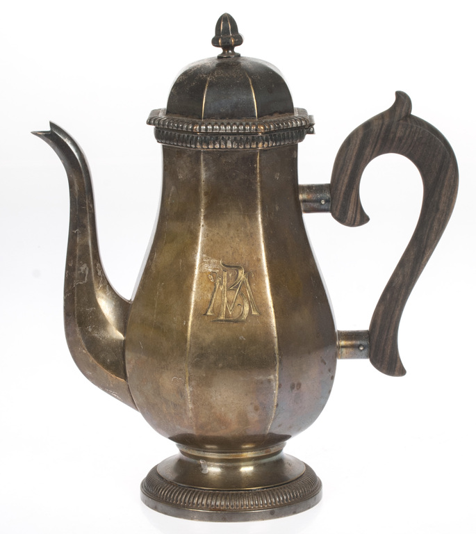 Silver-plated metal coffee pot with wooden handle
