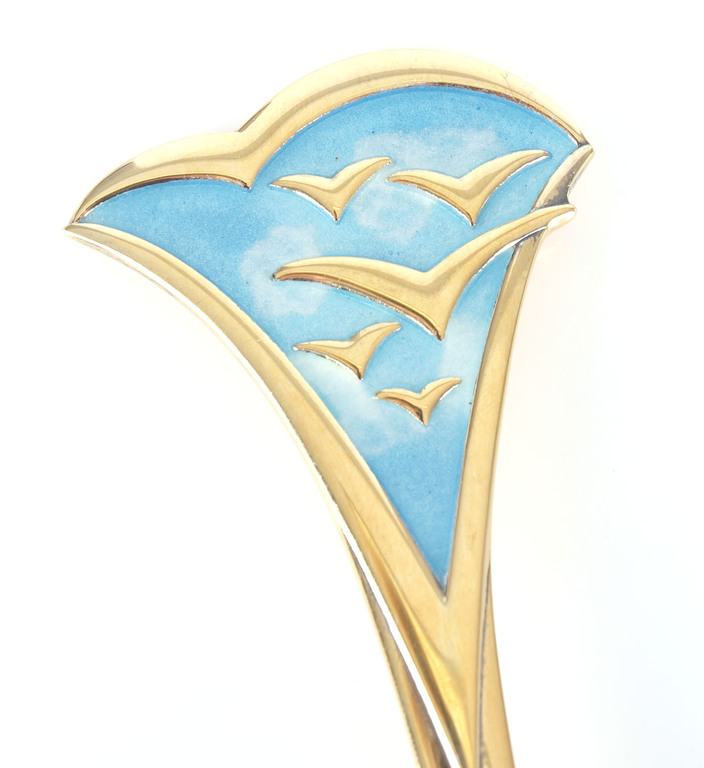 Large guilded silver spoon with 1 color of enamel ”Gulls”