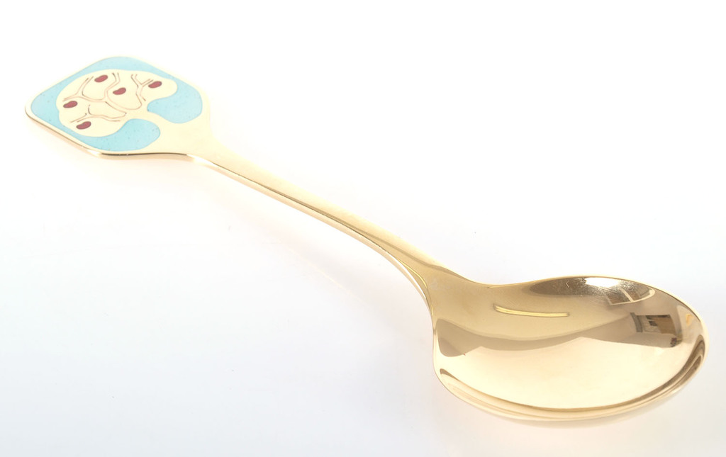 Large guilded silver spoon with 2 color of enamel “Appletree”