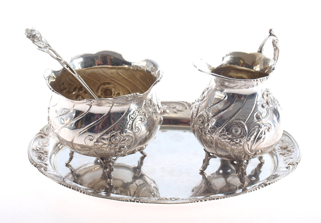 Baroque silverware Serving set - tray, cream pot, sugar pot and spoon