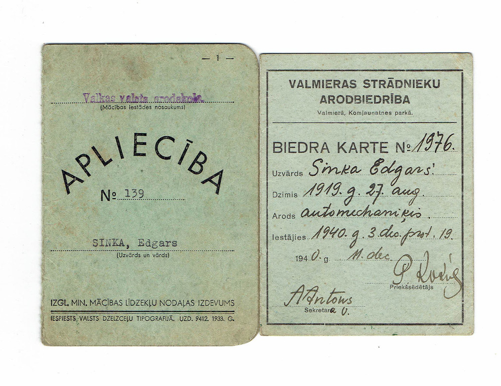 Valmieras workers' trade union membership card un Valka national a trade school certificate