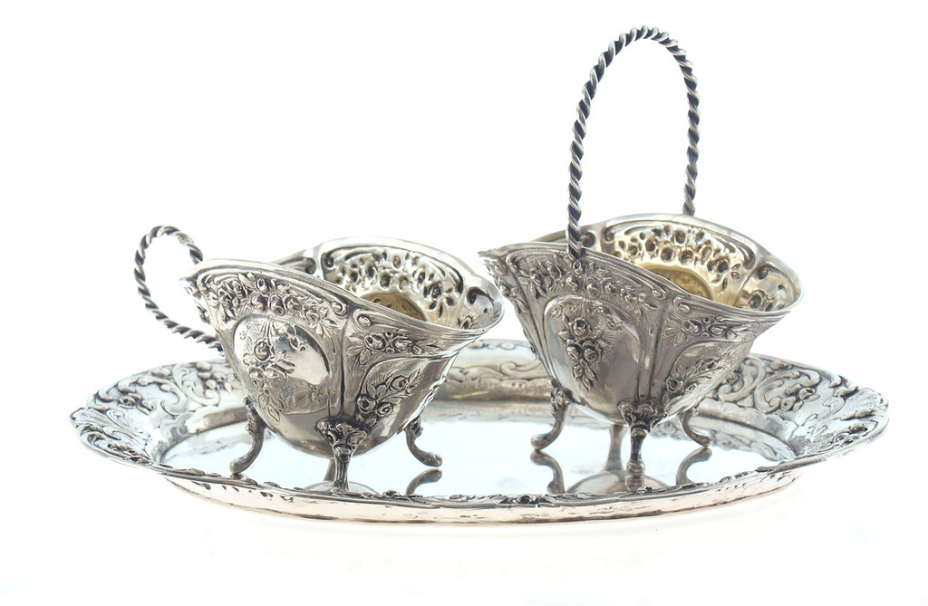 Baroque style silver utensil set - tray, sugar-basin, cream utensil