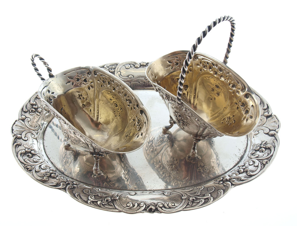Baroque style silver utensil set - tray, sugar-basin, cream utensil