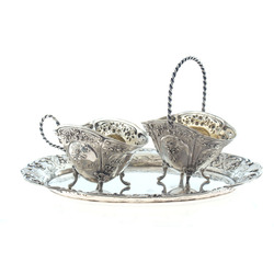 Baroque style silver utensil set - tray, sugar-basin, cream utensil