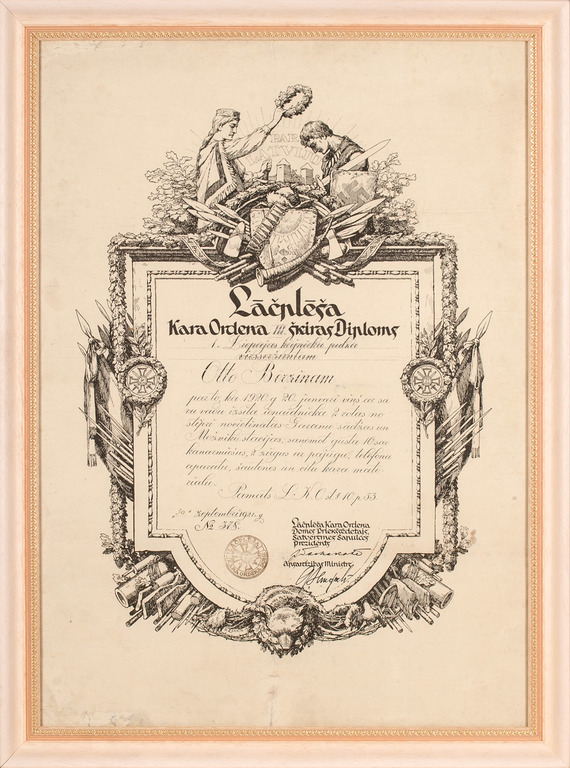 3-rd class diploma of order of Lāčplēsis