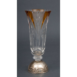 The colored glass vase with silver-plated metal finish