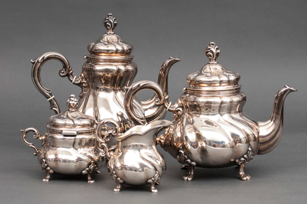 Silver cofee/tea set – cofee pot, tea pot, sugarbasin, utensil for cream