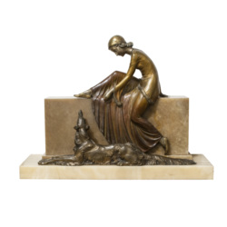 Art Deco bronze figure on a marble base 'Woman with a dog'