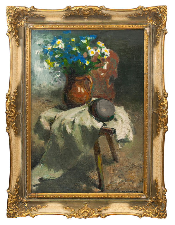 Still life with ceramic jar and flowers