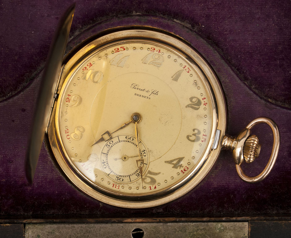 Zelta kabatas pulkstenis Perret & Fils Brenets oriģinālajā kastītē