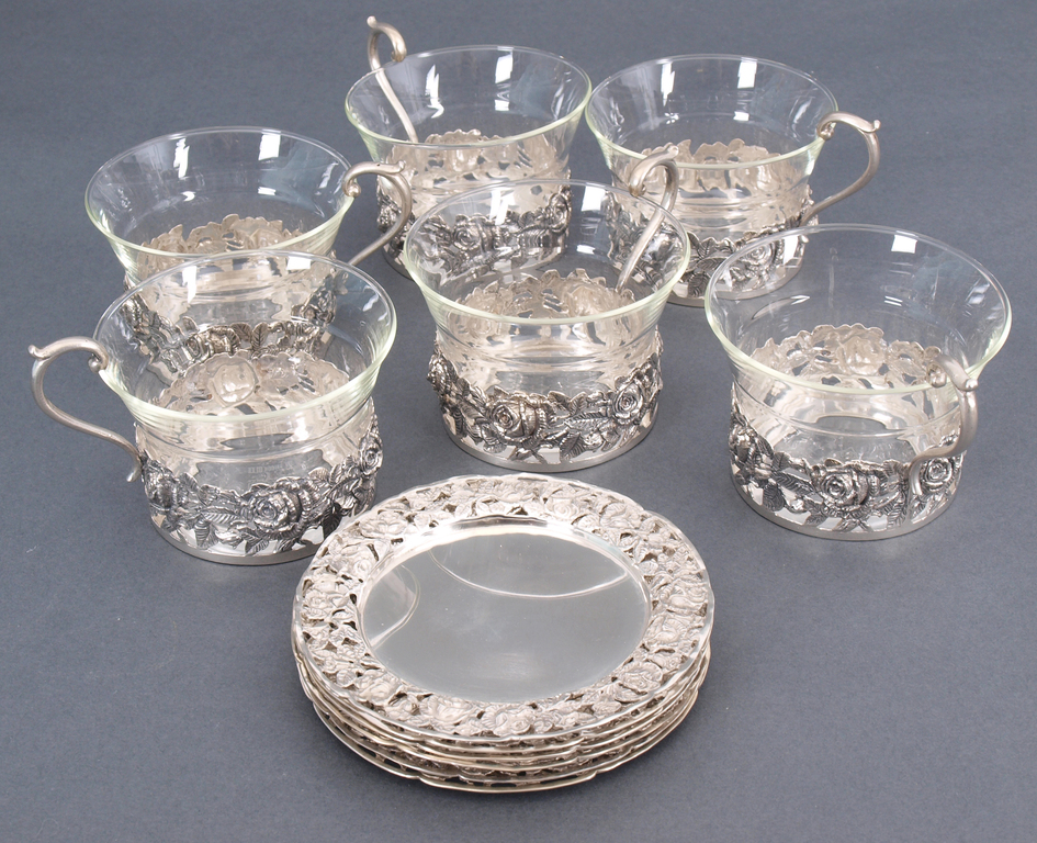 Серебряный набор для чая - 6 стакан, 6 держателей стакан, 6 блюдец