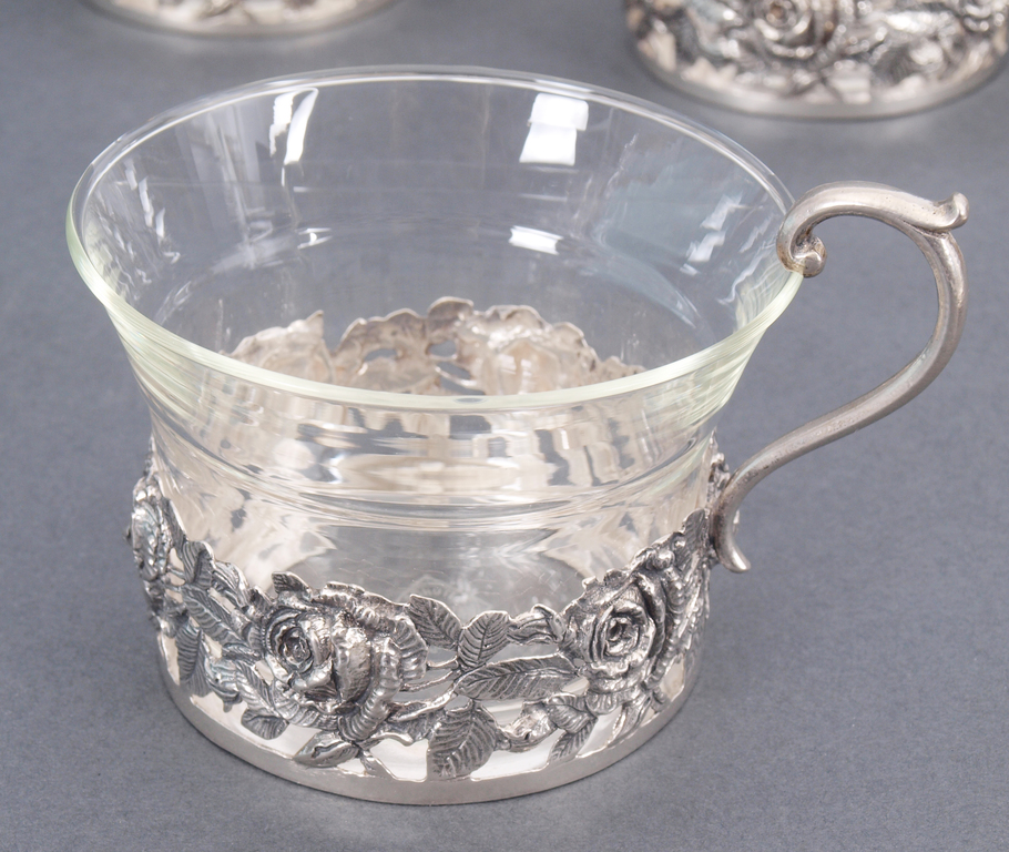 Silver tea set - 6 glasses, 6 glass holders, 6 saucers