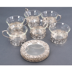 Серебряный набор для чая - 6 стакан, 6 держателей стакан, 6 блюдец