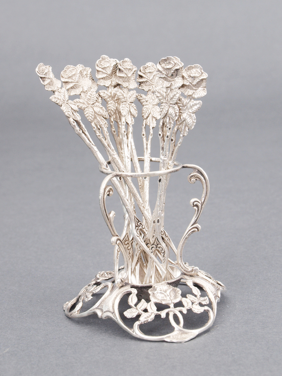 Set of silver delicacy forks with stand (10 Forks, 1 Stand)