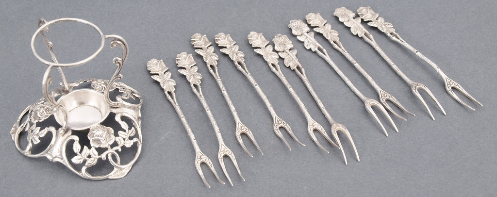Set of silver delicacy forks with stand (10 Forks, 1 Stand)