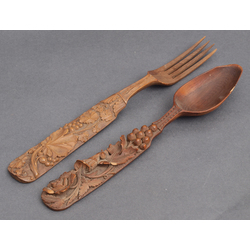 Cherry wood spoon and fork with carvings