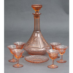 Set of colored glass - decanter, 6 glasses, 1 plate