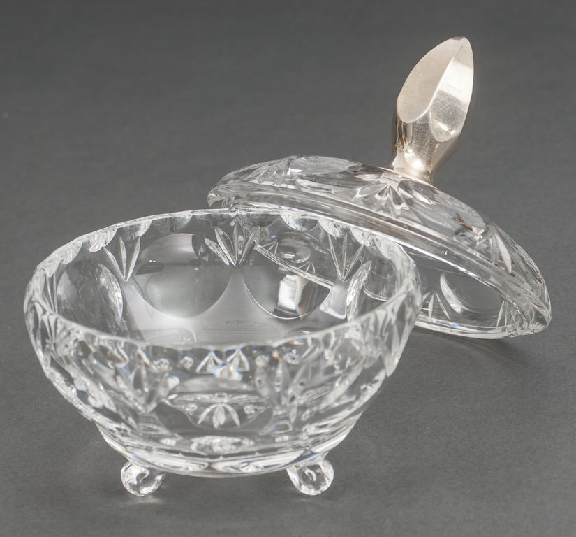 Crystal candy bowl with lid and silver handle