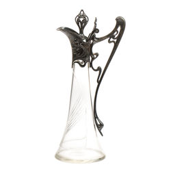Art Nouveau style glass pitcher with silver plated metal finish