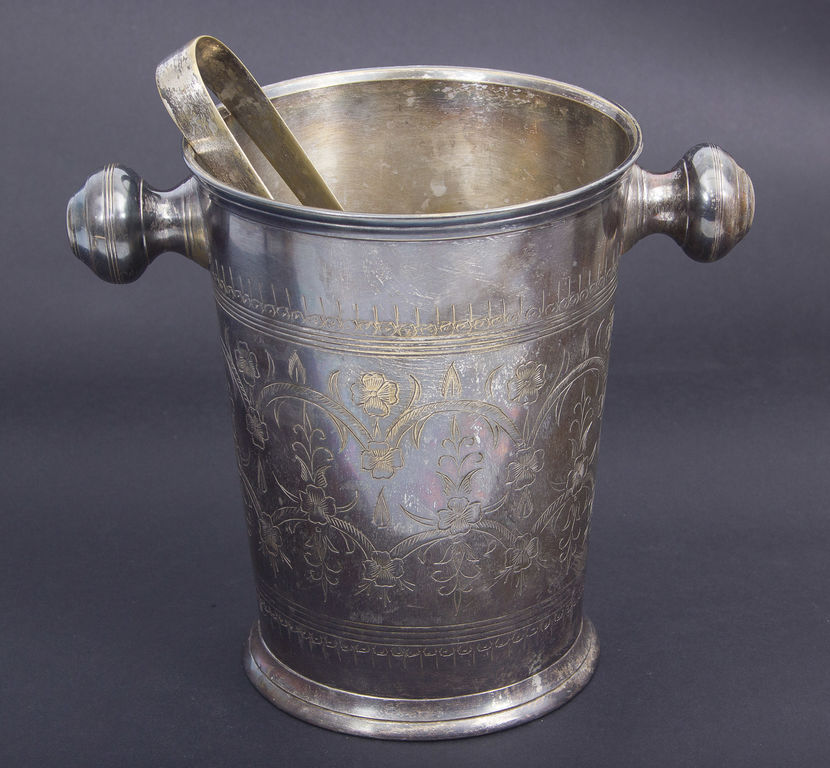 Silver plated metal champagne bowl/bucket with tongs