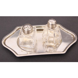 Art Deco style silver tray with 2 glass utensil's for spice with silver finish