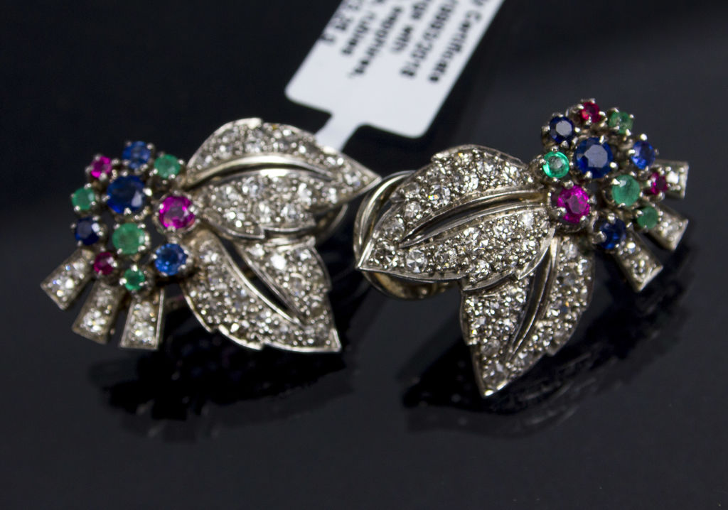 Gold earrings with platinum, diamonds, sapphires, emeralds and rubies