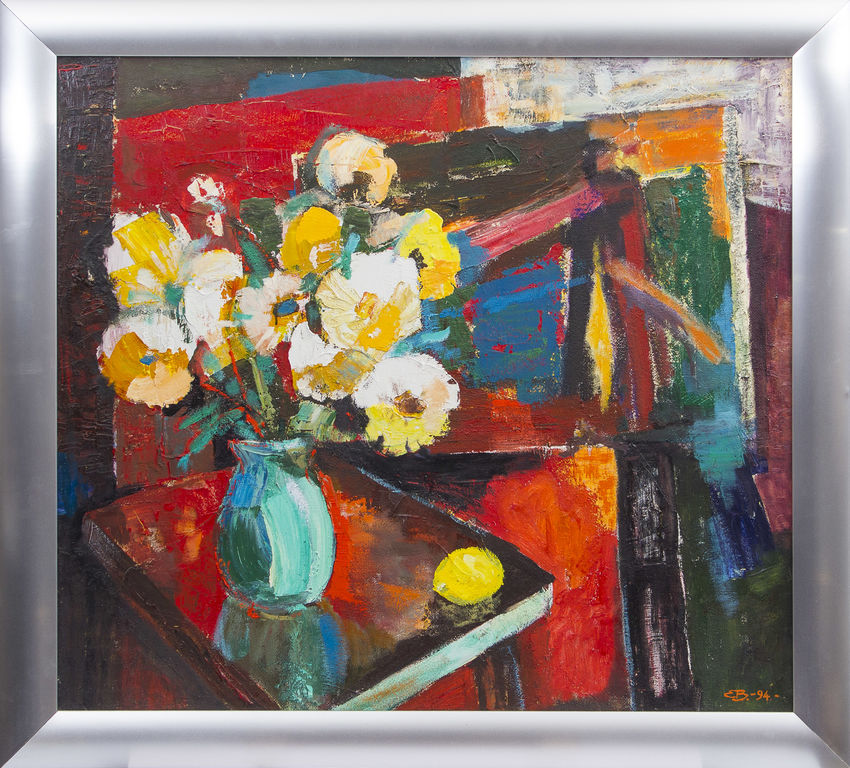 Still life with flowers and lemon