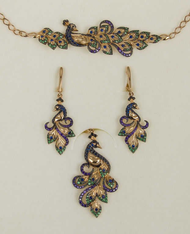 Gold set peafowl - bracelet, pendant, earrings  