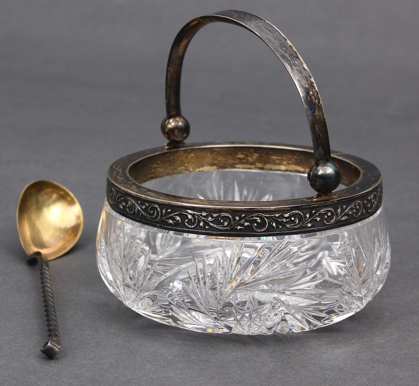 Crystal sugar-basin with a silver finish and silver spoon