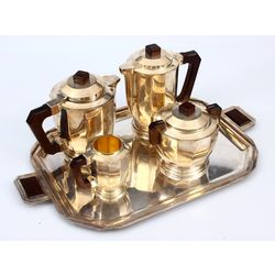 Чайный / кофейный набор с серебряным покрытием - кувшин для молока, сахарный окунь, кувшин для кофе, чайник, поднос