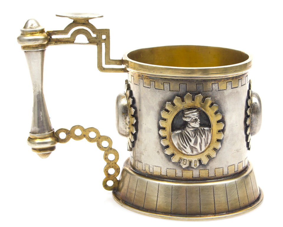 Russian-style silver cup holder with city image 
