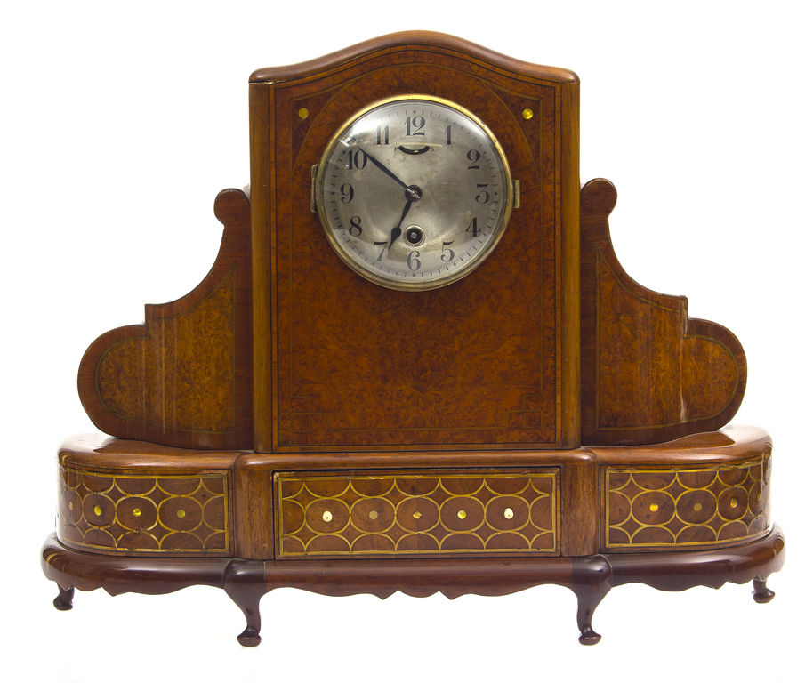 Jacob style fireplace clock with pearl and brass marquetry