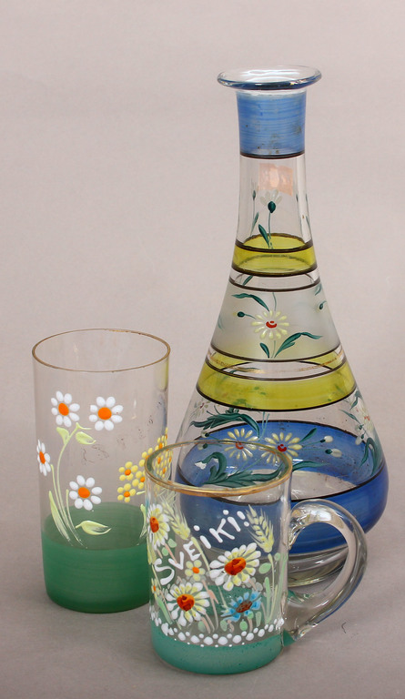 Glass decanter with glass and cup