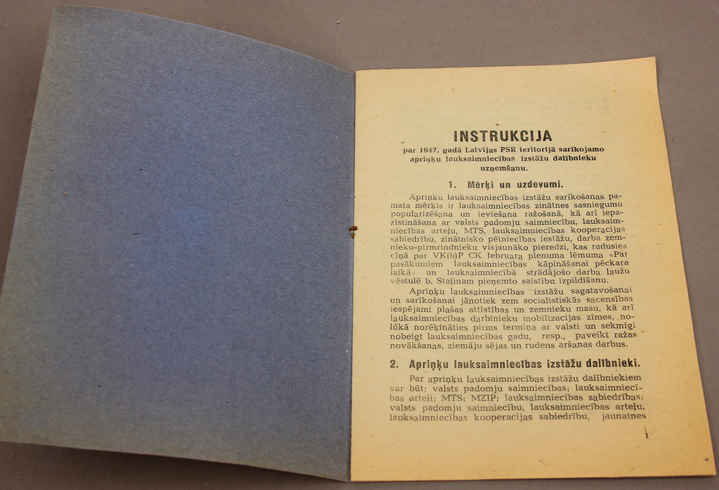 Instrukcija par 1947.gadā Latvijas PSR teritorijā sarīkojamo apriņķu lauksaimniecības izstāžu dalībnieku uzņemšanu