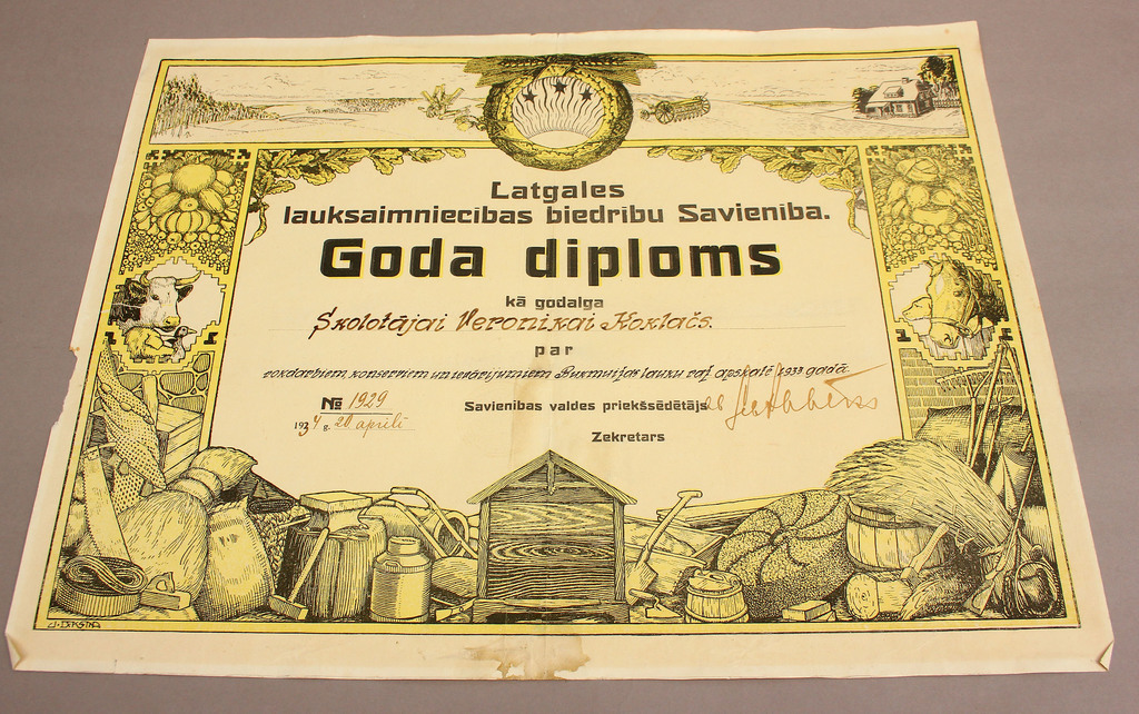 Union of Latgale Agricultural Societies. Honorary Diploma