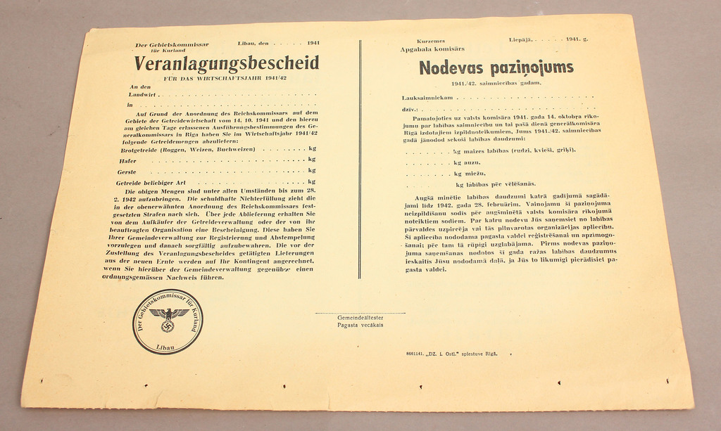 Nodevas paziņojums 1941./42. saimniecības gadam