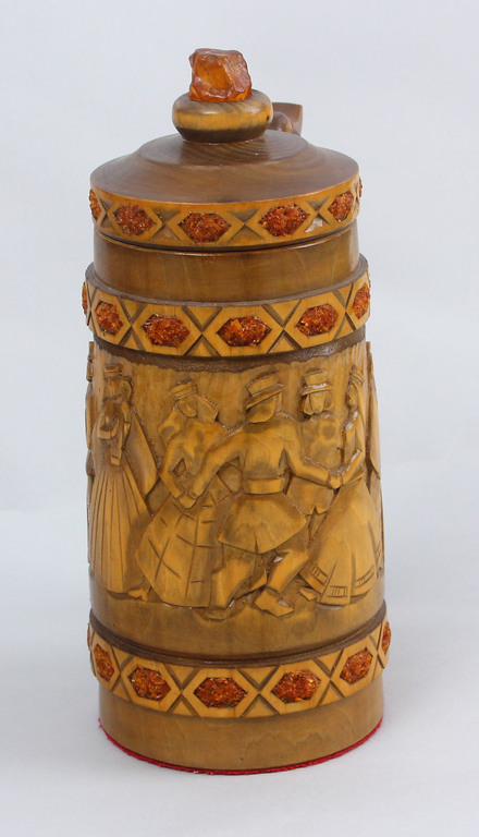 Wooden beer cup with embedded amber 