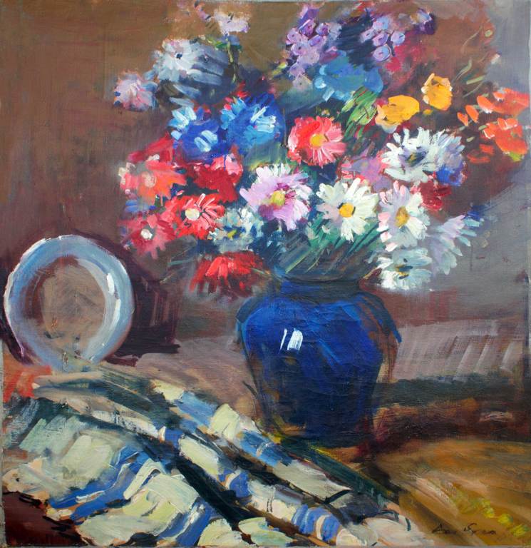 Still life with blue vase and fruits