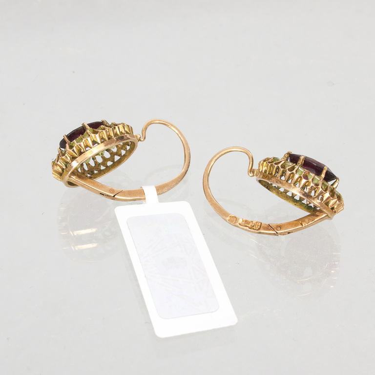 Gold earrings with garnet and demantoids