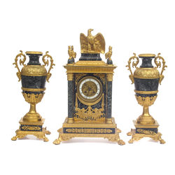 Empire style gold bronze fireplace clock and 2 vases
