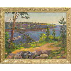 Landscape with a raft in the Daugava