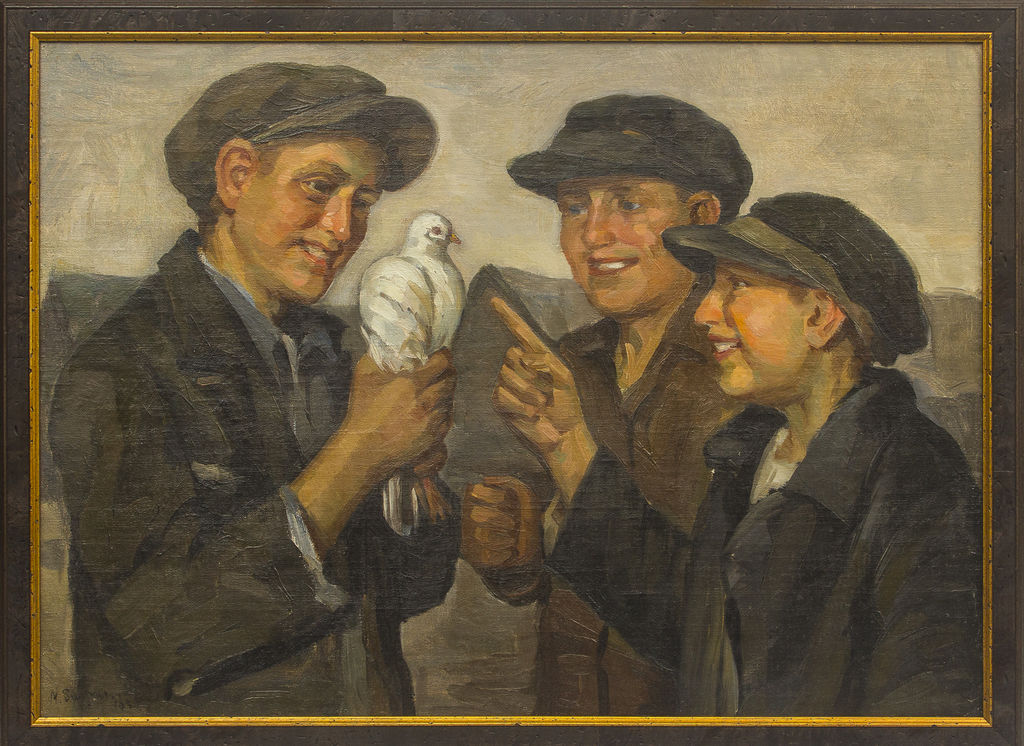 Boys with a pigeon