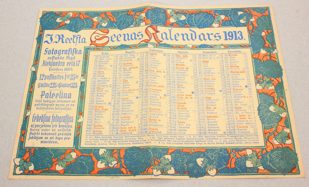 Advertising calendar of photographer Janis Rieksts 1913