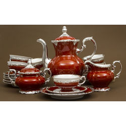 Baroque tea / coffee porcelain set for six persons with silver finish