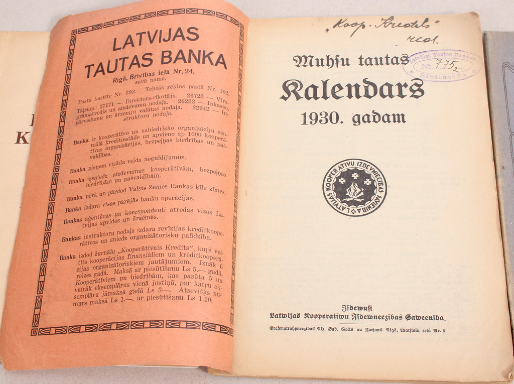 Calendars 3 pcs. - Māju kalendārs, Kalendārs 1930.gadam, Ev.Lut. Baznīcas kalendārs 1957