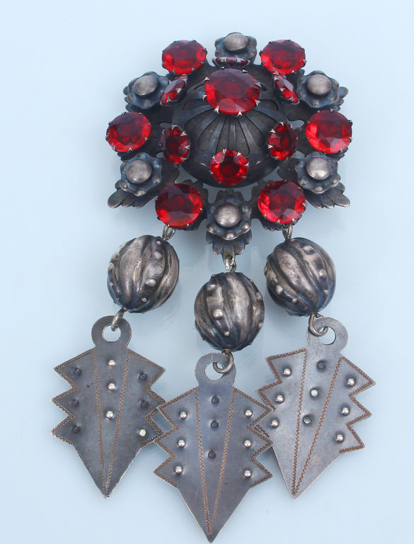 Silver brooch with red stones (large, with pendants)