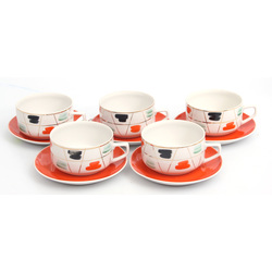 Porcelain mugs with saucers (5 pieces)