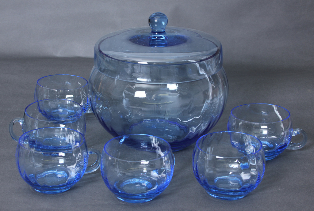 Набор из синего стекло для компота - миска с крышкой и 6 чашками