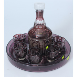 Set of colored glass - decanter, 2 trays, 6 glasses