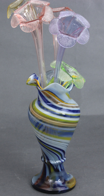 Krāsainā stikla vāze ar stikla ziediem(5 gab.)